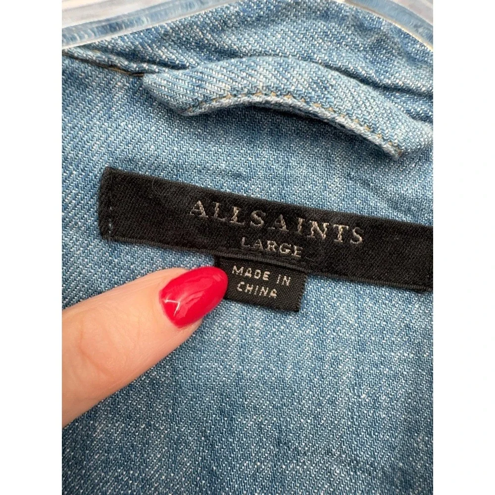 AllSaints Shirt Dress Womens L Blue Zelda Denim Western Button Front Frayed Hem